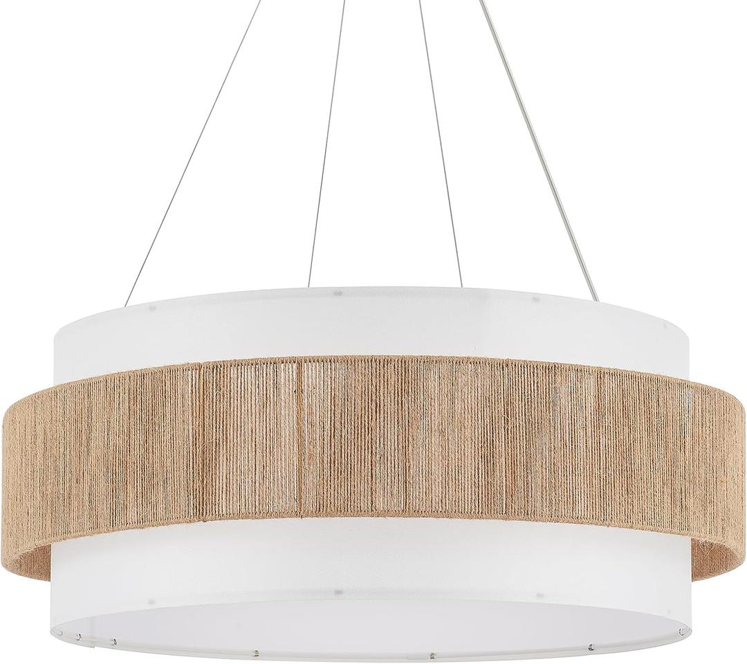 30 Fabric Rattan Chandelier Boho Hand Woven Coastal Pendant Light Adjustable Drum Large Pendant Lighting Fixtures for Dining Room Living Room Kitchen Hallway, Off-White, UL Listed