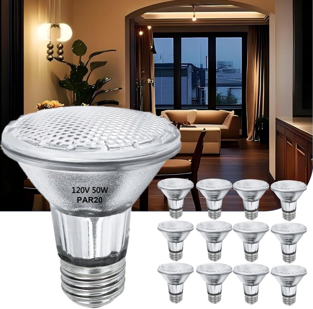 Par20 Flood 50W 120V Light Bulbs, 12Pcs Par20 Halogen Light Bulbs, E26 Medium Base, 2700K Warm Lighting for Range Hood Light Bulbs, Track Light Bulbs, Oven Light Bulb, Ceiling Can Lamp