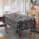 Newbridge Halloween Party Ghosts and Bats 52 x 70 Inch Rectangle Vinyl Tablecloth with Flannel Backing, Spooky Black Ghost and Bat Print, Easy Care Wipe Clean Table Cover