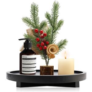Black Decorative Wooden Tray for Kitchen Counter Bathroom Accessories Sink Vanity Trays Wood Riser Candle Pedestal Stand for Perfume Soap Trays Round Dining Coffee Table Small Rustic Home Decor Tray (10 inch)
