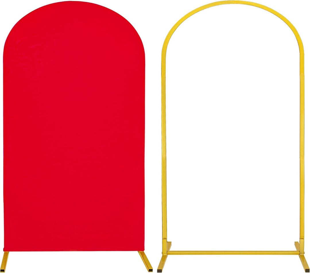 Metal Arch Stand and Cover Set,1 Red Spandex Fitted Backdrop with 1 Gold Wedding Arched Stand Frame for Parties Birthday Baby Shower Bridal Banquet Decoration (7.2FT)