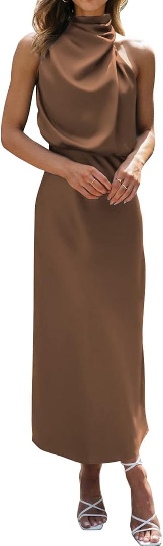 BTFBM Women Sleeveless Cocktail Dresses Fall Mock Neck Keyhole Elastic High Waist Evening Party Maxi Wedding Guest Dress (Medium, Khaki)