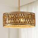 3 Light Rattan Chandelier, Farmhouse Chandeliers for Dining Room, Rustic Boho Hanging Light with Drum Shade, Adjustable Gold Woven Pendant Light for Kitchen Island Living Room Bedroom