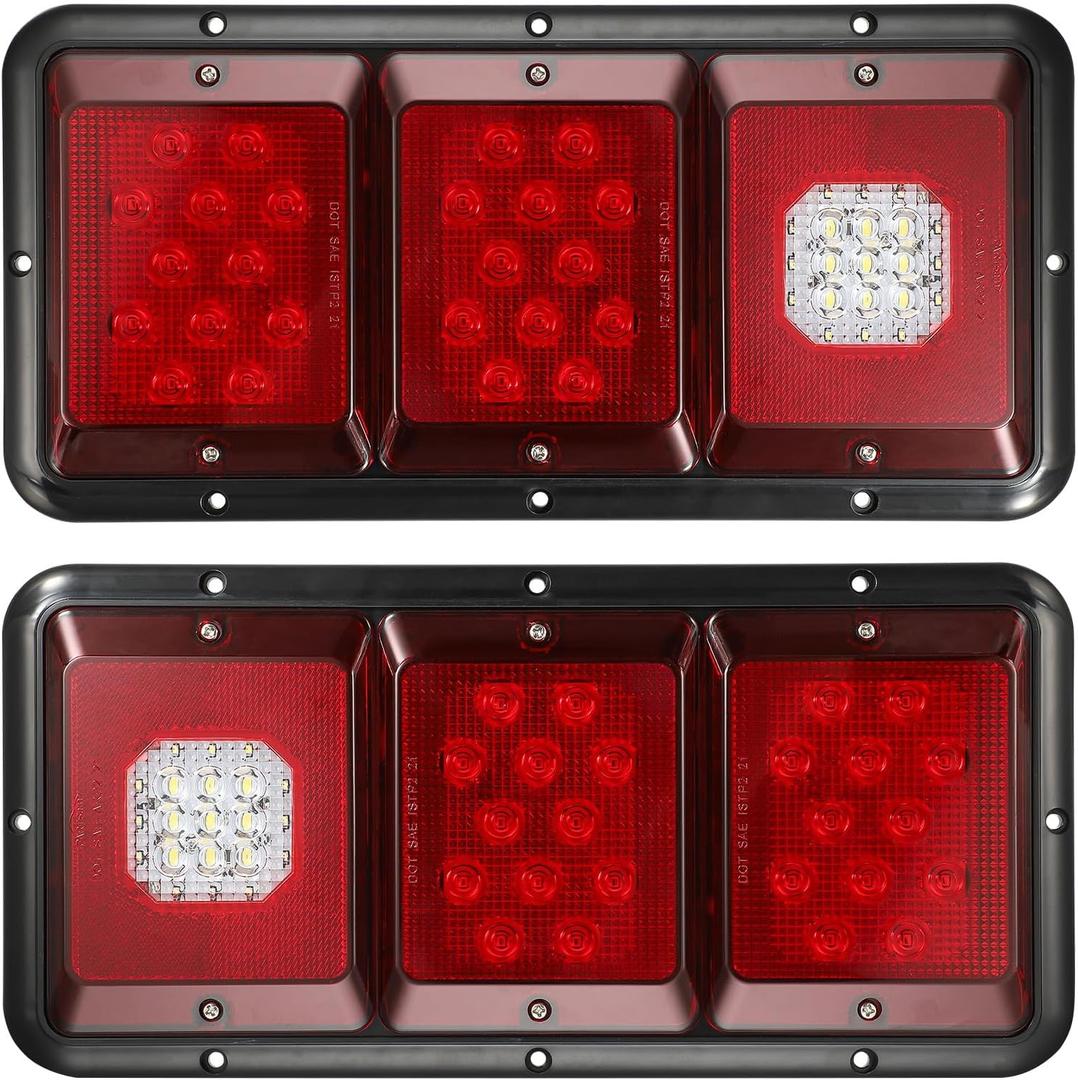 Partsam 2Pcs LED Triple Tail Lights 45 LEDs, Rectangle Vertical or Horizontal Mount LED Trailer Camper RV Tail Lights Stop Turn Tail Backup Reverse Lights Taillights w/Black Base - Red/Clear Lens