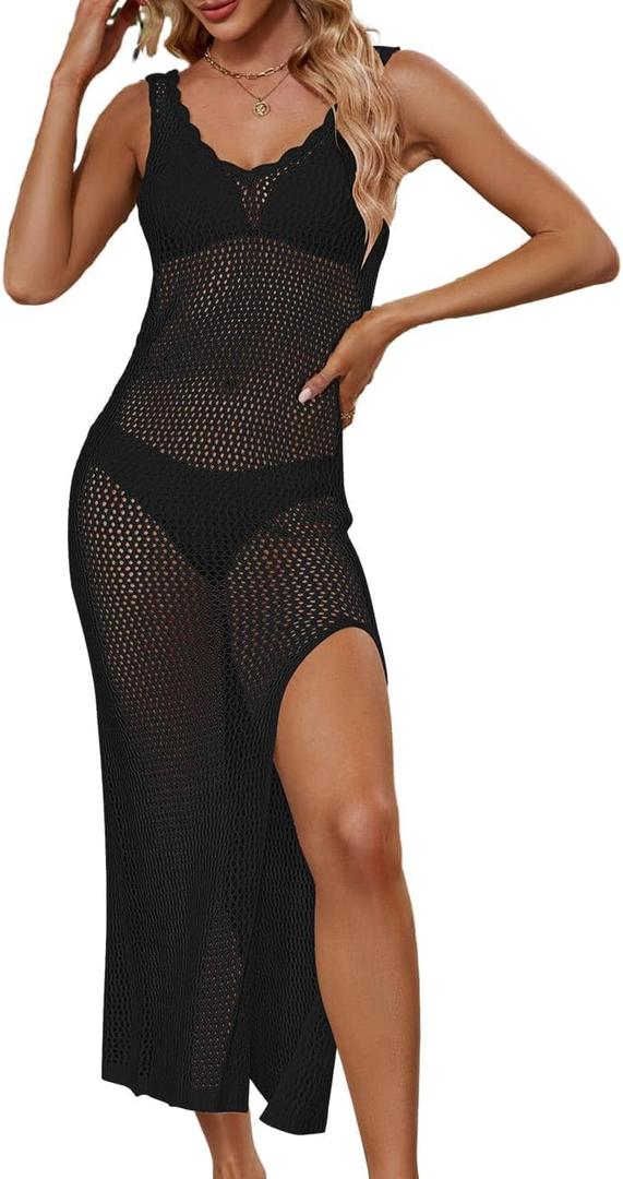 Bsubseach Crochet Swimsuit Cover Up for Women Hollow Out Bathing Suit Coverup Side Split Swimwear Long Beach Bikini Dresses (Black, M)