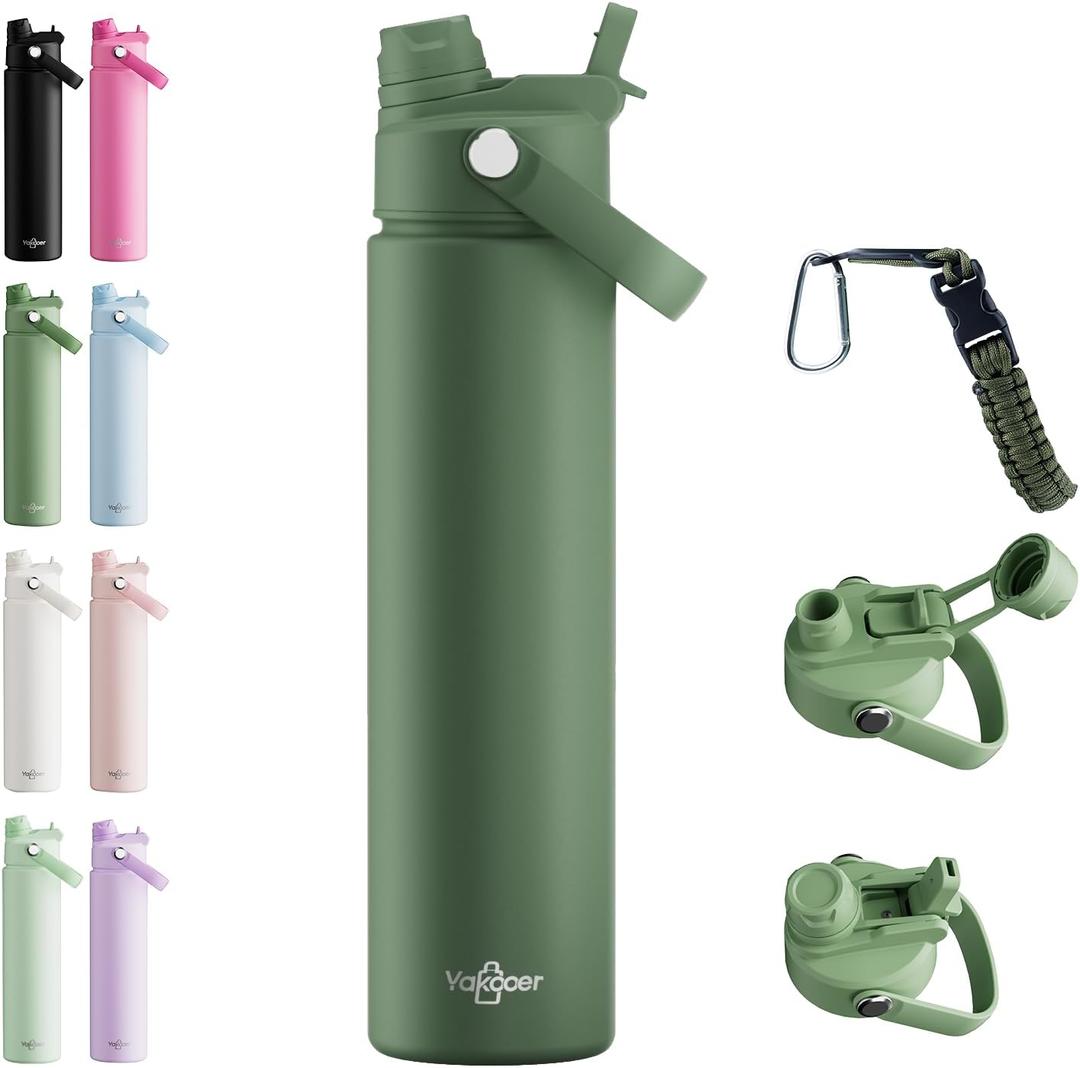 26oz Insulated Water Bottle with 2-in-1 Straw & Spout Lid,Moss Green | 18/8 Stainless Steel Vacuum Flask, Keeps Cold 24H. Leakproof Sports Tumbler with Braided Carry Strap for Gym & Travel