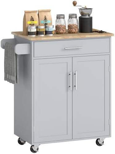 HOMCOM Kitchen Island Cart Rolling Trolley Cart with Drawer, Storage Cabinet & Towel Rack, Gray