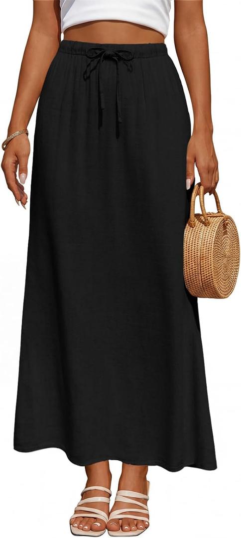 Women's Linen Maxi Skirt Drawstring Back Slit Elastic High Waisted Flowy 2026 Summer White Long Skirts for Women (Medium, Black)
