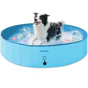 Foldable Dog Pool,Outdoor Pools with 6 Silicone Balls,Portable Dog Pools for Large Dogs,Hard Plastic Pool for Dogs Swimming in Summer (Blue, Medium-48" x 12")