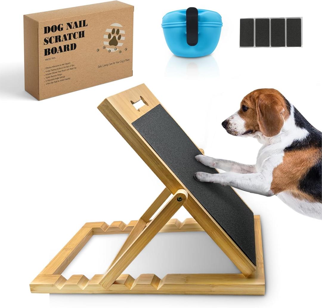 Solid Bamboo Dog Nail Scratch Board  5 Adjustable Angles for Trimming & Filing  Includes Clip-On Silicone Treat Pouch for Training
