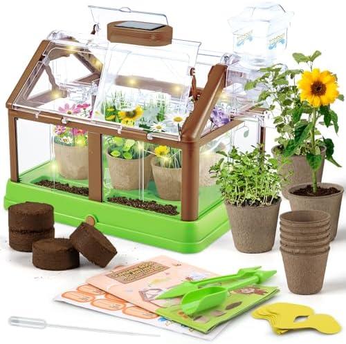 DUYOYU Kids Plant Growing Kit - Kids Greenhouse & Flower Growing Kit with Upgraded Irrigation & Grow Light – Perfect Gardening for Kids（Solar Energy）