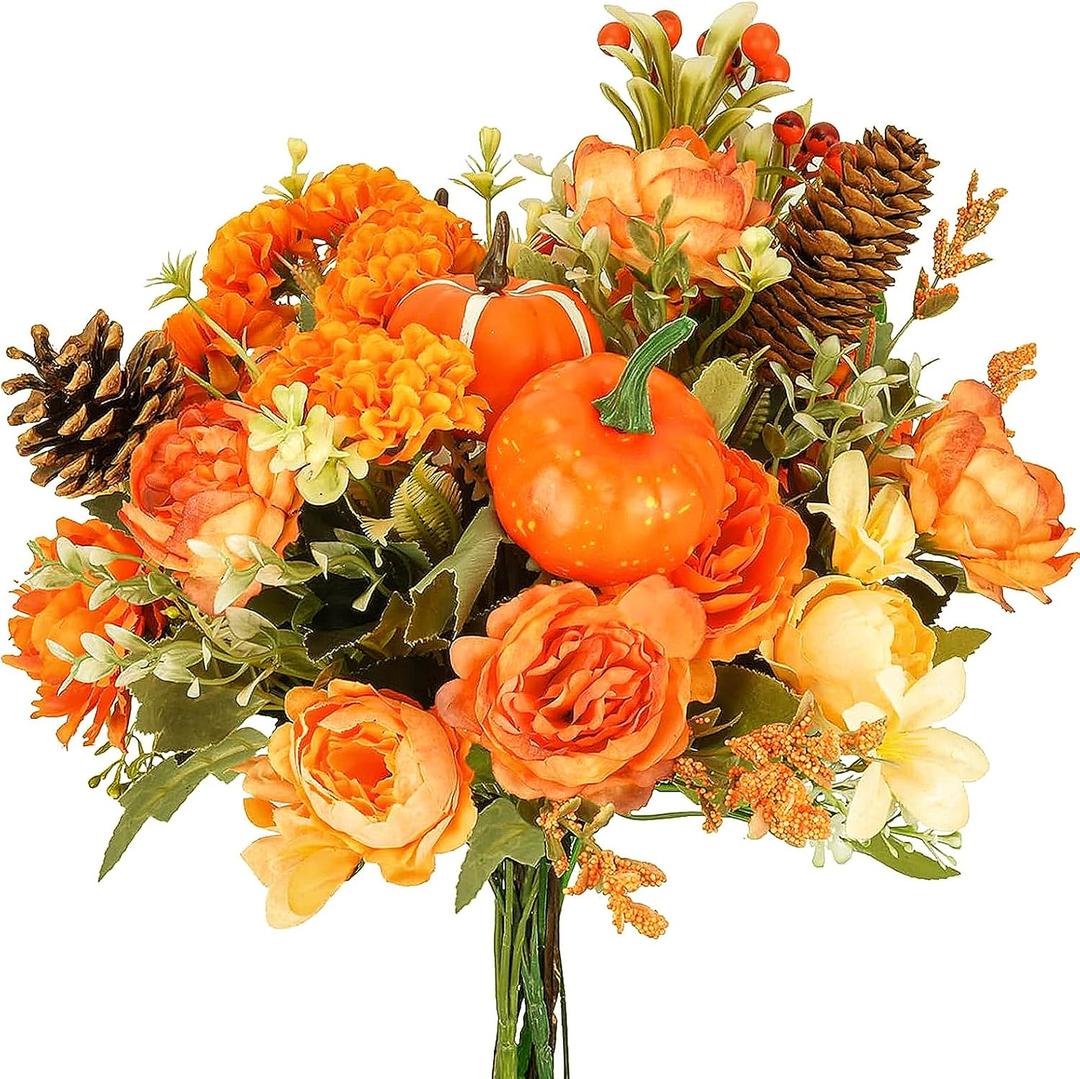 HUAESIN 10PCS Artificial Fall Flowers for Decoration Fall Decor Silk Flowers Bouquet Orange Fake Roses with Pumpkin Silk Autumn Floral Arrangements for Home Table Centerpieces Thanksgiving Decor