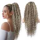 Flufymooz Ponytail Extension, 26 Inch Bohemian Style Drawstring Ponytail Hair Extensions for Women, Long Curly Wavy Pony Tail Natural Synthetic Hairpiece for Women (Ash Brown with Blonde Highlights)