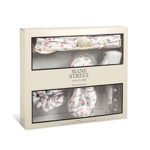 4-Piece Hair Accessory & Sleep Set by Mane Street Couture | Satin Bonnet, Sleep Mask, Large Scrunchie & Spray Bottle | Ivory Floral