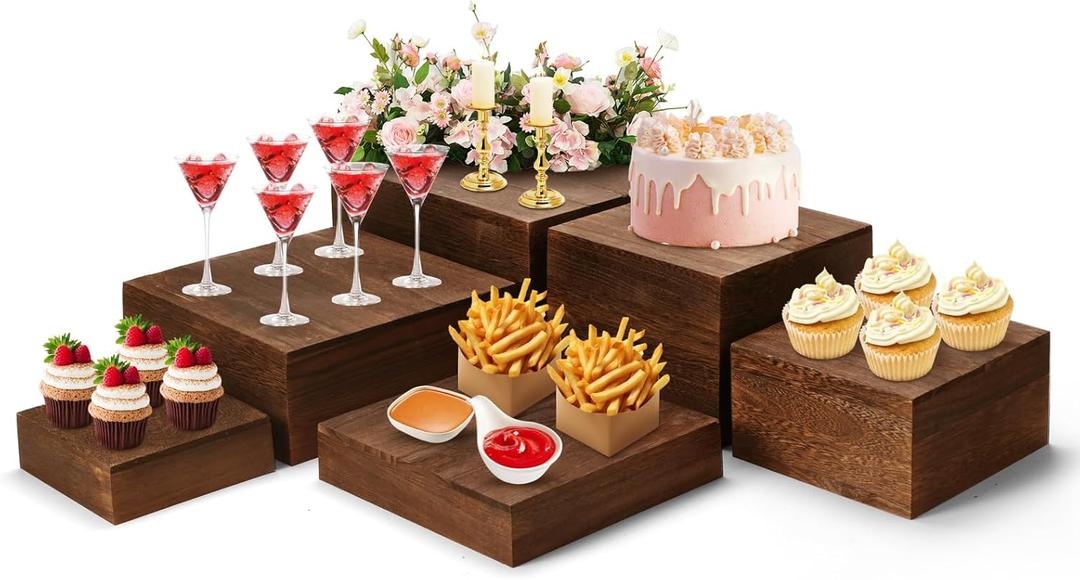 6 Pack Wooden Buffet Risers Display Stands, Stackable Wood Cupcake Display Stand for Party Rustic Cake Stands Farmhouse Wooden Display Box for Dessert Wedding Birthday Baby Shower Christmas