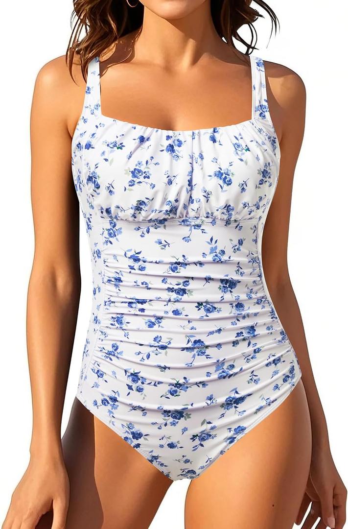 One Piece Bathing Suit for Women Tummy Control Vintage Swimsuit | Square Neck, Supportive Unremovable Cups, Ruched Design, Adjustable Straps, Full Coverage (Blue, S)
