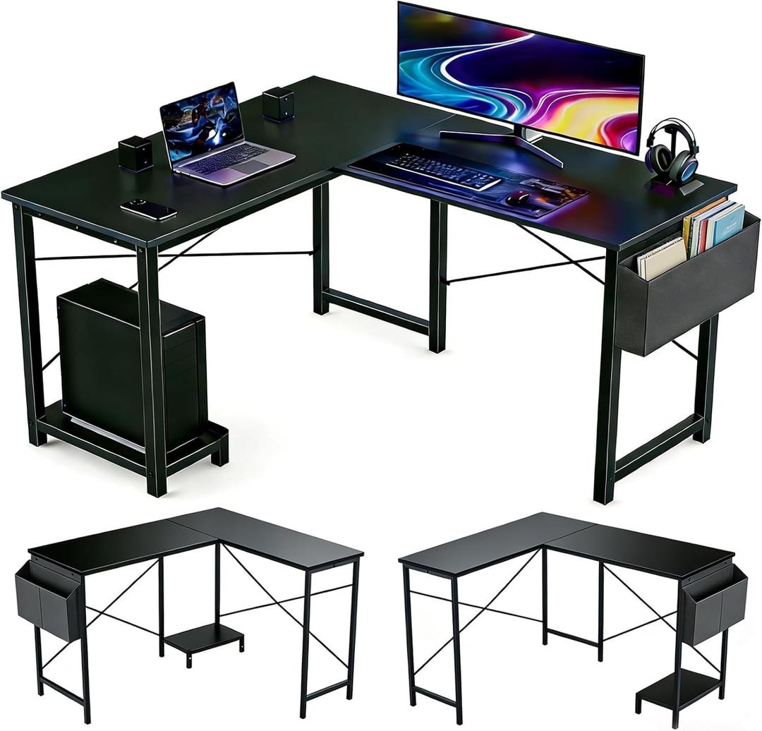 L Shaped Desk, 50 Inch Reversible Computer Desk Corner Gaming Table with CPU Stand & Storage Bag, Sturdy Metal Frame PC Workstation for Home Office, Black Wood