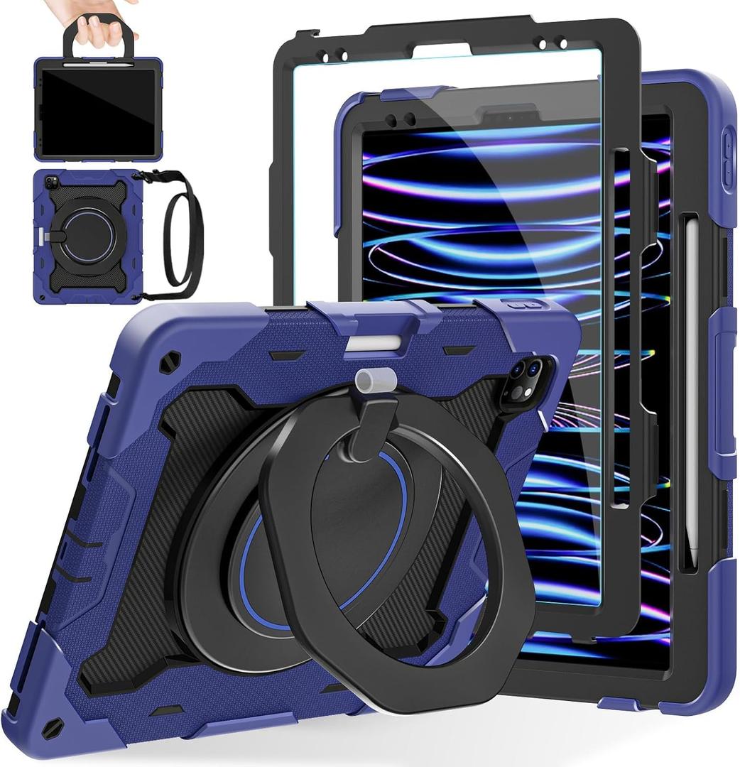 ROISKIN for iPad Pro 12.9 -Inch Case (6th, 5th, 4th & 3rd Gen)with HD Screen Protector, 360 Stand, Handle, Pencil Holder,Shoulder Strap[15ft Drop Protection]Rugged Bulky Full Body 12.9 iPad Pro Case (Navy Blue)