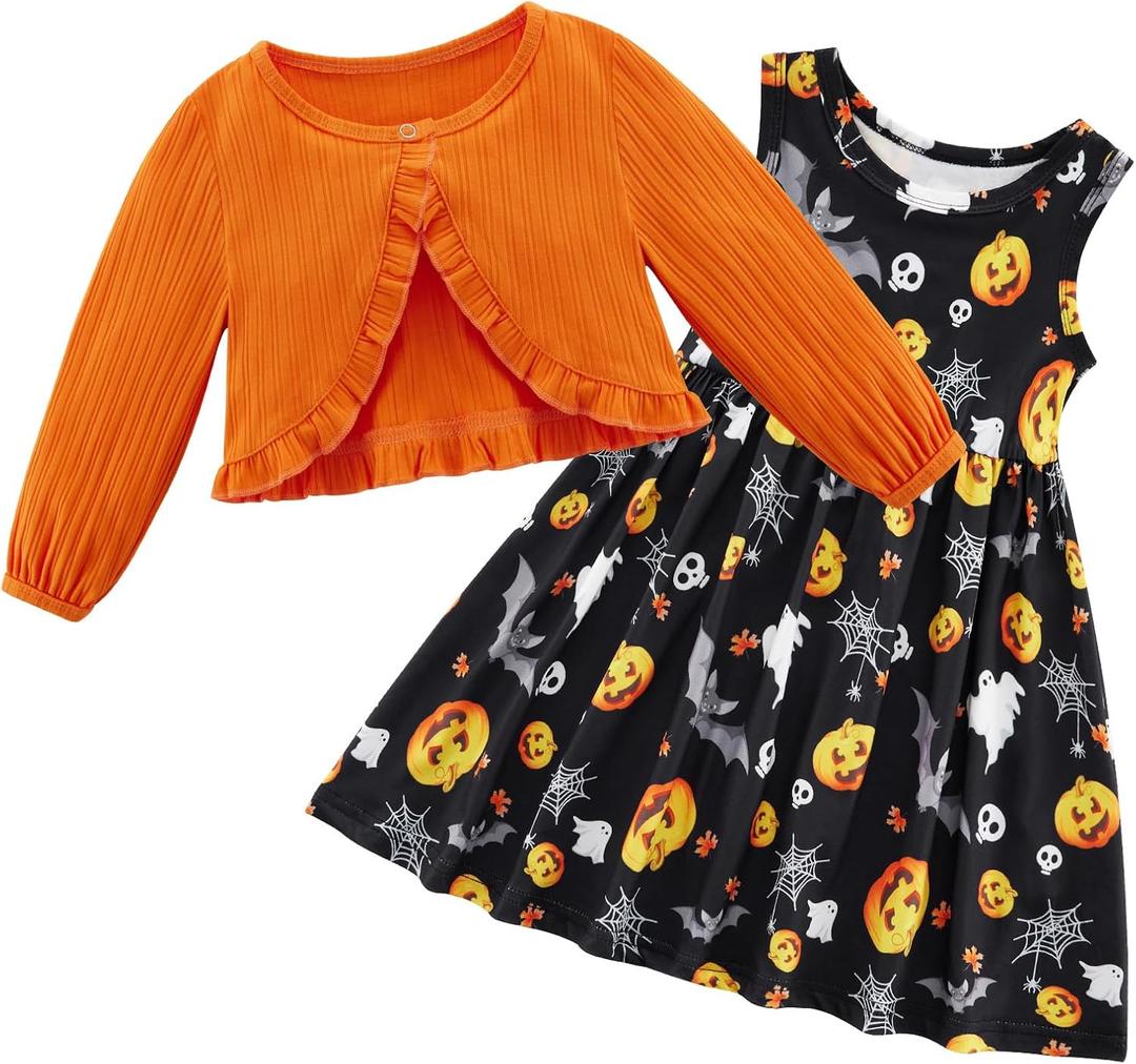 Patgoal Kid Toddler Girl Fall Dress+Cardigan 2 Piece Pumpkin Sleeveless Dress and Cardigan Set Halloween Thanksgiving Outfits (Orange)