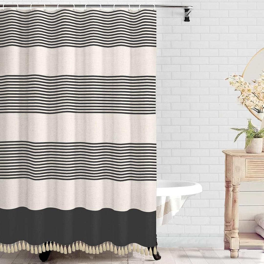 bufftieo Black Shower Curtain for Bathroom Boho Linen Farmhouse Tassel Shower Curtain Set 72" x 84"
