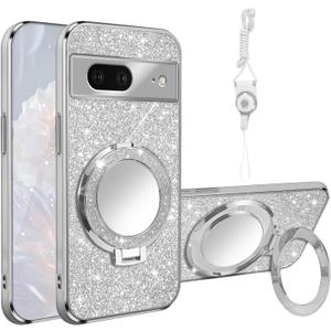 for Google Pixel 7 Case [MagSafe Compatible] Glitter Card Clear Back Cover with Ring Kickstand, Lanyard, Mirror Soft TPU Protective Cover for Google Pixel 7 Phone Case, Silver