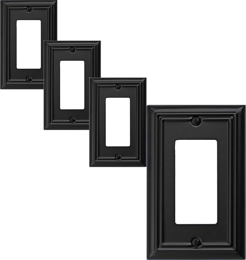 Single Decorator Light Switch Cover Adler Metal Wall Plate, 4-Pack Black 1 Gang Single Rocker, for Receptacle Dimmer Switch GFCI Outlet, Switch Cover Decorative Wallplate, Durable