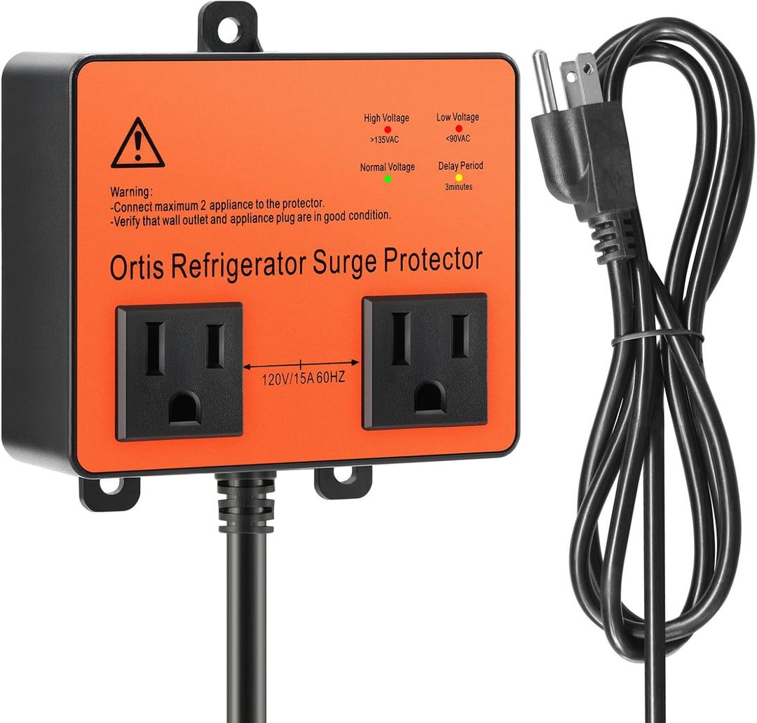 Refrigerator Surge Protector, Ortis Double Outlet Voltage Protector for Home Appliances with Time Delay, 5ft Power Cord, Protects Against Brownout, Spike, Instant Surge All Voltage Abnormalities (Orange)