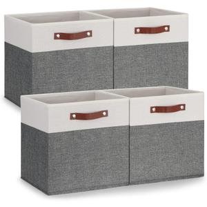 Temary 13x13 Storage Cubes 4 Pack Fabric Cube Storage Bins Large Storage Baskets with Leather Handles, Decorative Storage Boxes for Organizing Closet, Clothes, Foldable Cloth Baskets for Shelves (131313, White&Grey_PU Handles)