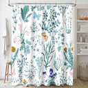 MAYZUS Extra Long Shower Curtain 72 x 84 Inch, Tall Teal Floral Fabric Shower Curtain, Cute Botanical Herbs Flower Butterfly Aesthetic Bathroom Shower Curtain Set with Hooks