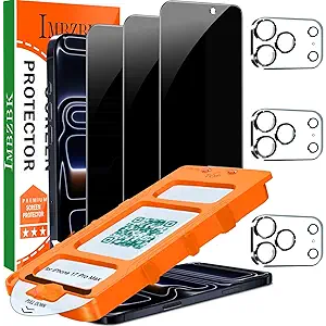 IMBZBK 3 Pack Privacy Screen Protector for iPhone 17 Pro Max, Auto-Dust Removal, Anti-Spy, Case Friendly, Military Grade Protection Tempered Glass with 3 Camera Lens Protectors, Accessories