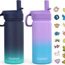 2 x Kids Water Bottle, 2-Pack 16oz Water Bottles with Stickers and Straw, Stainless Steel Vacuum Insulated cup, Kids Water Bottle for School, Gifts for Boys and Girls(Blue/Purple)
