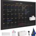 TOWON Magnetic Chalkboard Calendar 36x24 in, Black Wood Frame, Monthly | Wall planner and organizer with 4 white chalk pencils, color chalk set, hook magnet, cloth and removable tray
