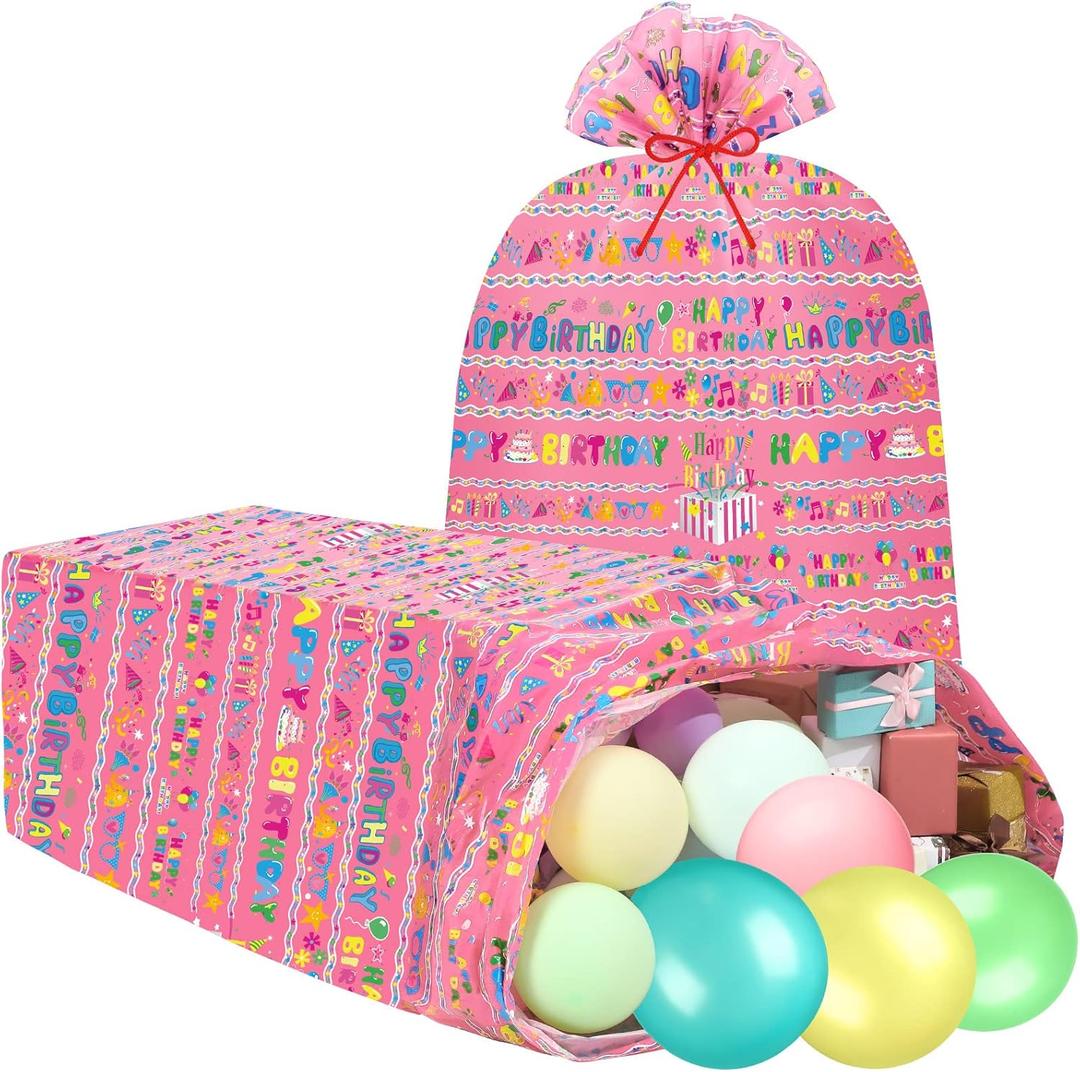 Teling 2 Pcs 80 x 60 in Jumbo Birthdays Gift Bags for Giant Present Extra Large Plastic Oversized Bike Birthdays Wrapping Bag for Baby Shower Party Favors(Pink)