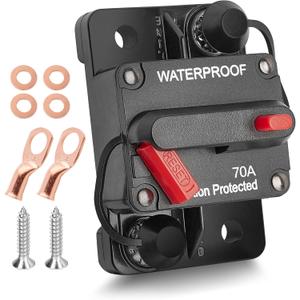 RED WOLF 70A Car Circuit Breaker w/Manual Reset Switch Inline Fuse Holder Inverter for Motor Trolling Vehicles Audio Radio Solar System Protection 12V-48V DC with Wire Lugs Copper Washer Screws