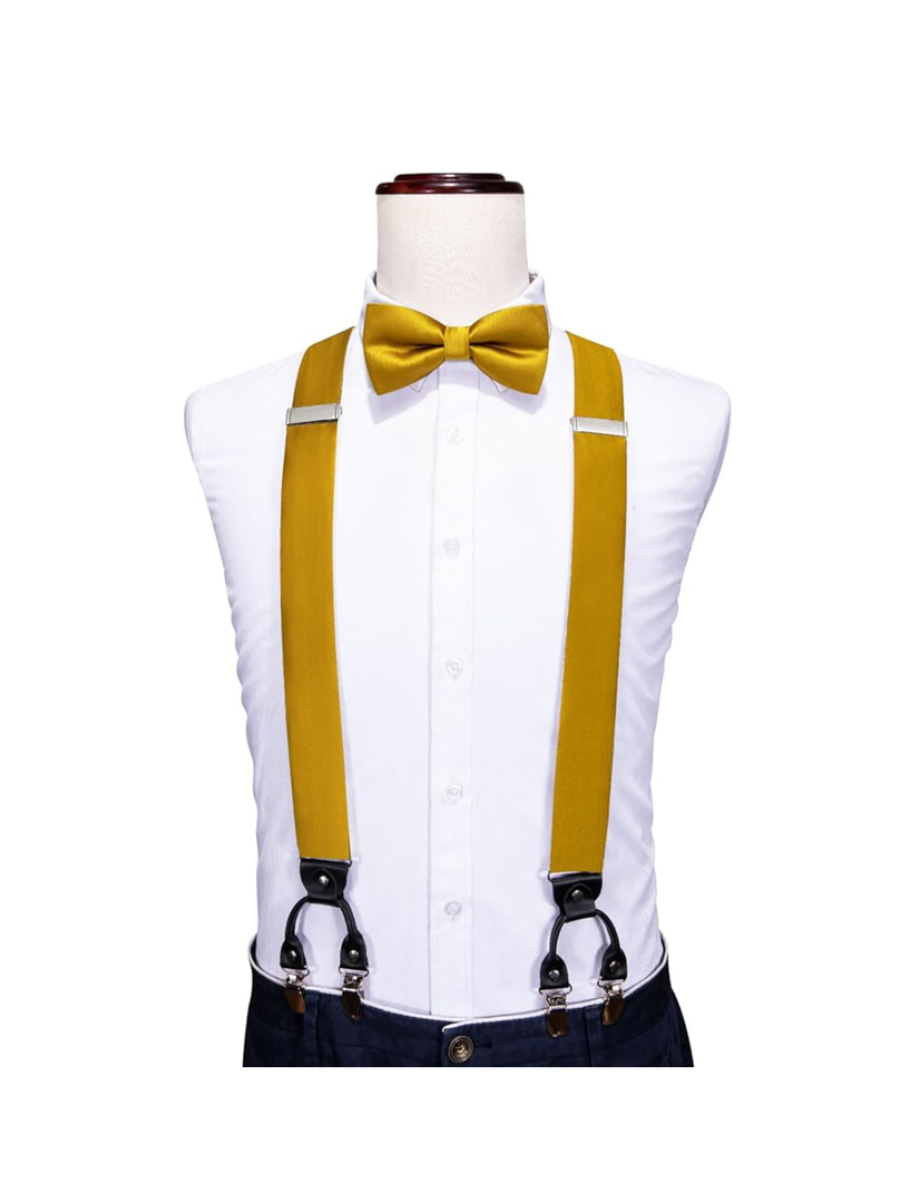 Barry.Wang Suspenders and Bow Tie Set for Men Solid Paisley Bowtie Y Shape Brace Handkerchief Cufflinks 6 Strong Clips