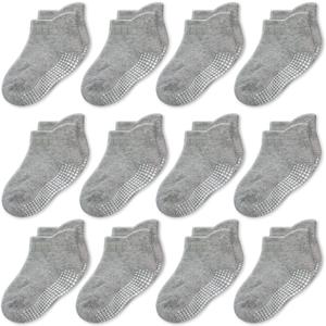 CozyWay Baby & Toddler Socks with Grippers Non Slip Ankle Grip Socks For Boys and Girls - Comfy Soft Cotton - 12 Pack (Gray), Size: 1-3T