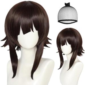 ANOGOL Hair Cap+Short Brown Wig for Women Brown Anime Cosplay Wig Short Lolita Wigs Flip End Wavy Hair Synthetic Wigs Halloween Party Circus Anime Character Costume Christmas