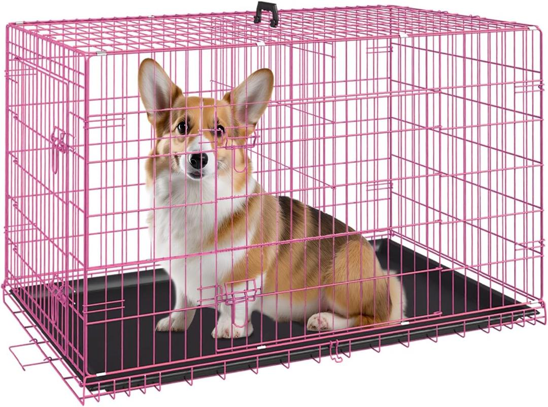 FDW Dog Crate for Medium Dogs 30 Inch Folding Metal WirePet Cage Double Door W/Divider Panel Indoor Outdoor Kennel Leak-Proof Plastic Tray,Pink