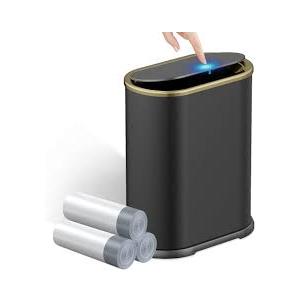 KSSKSS 1.8 Gallons Small Stainless Steel Trash Can with Press Type Lid, Slim Bathroom Garbage Bin, Removable Liner Bucket, Narrow Wastebasket with Pop-Up Lid for Bedroom,Toilet (Titanium Black)