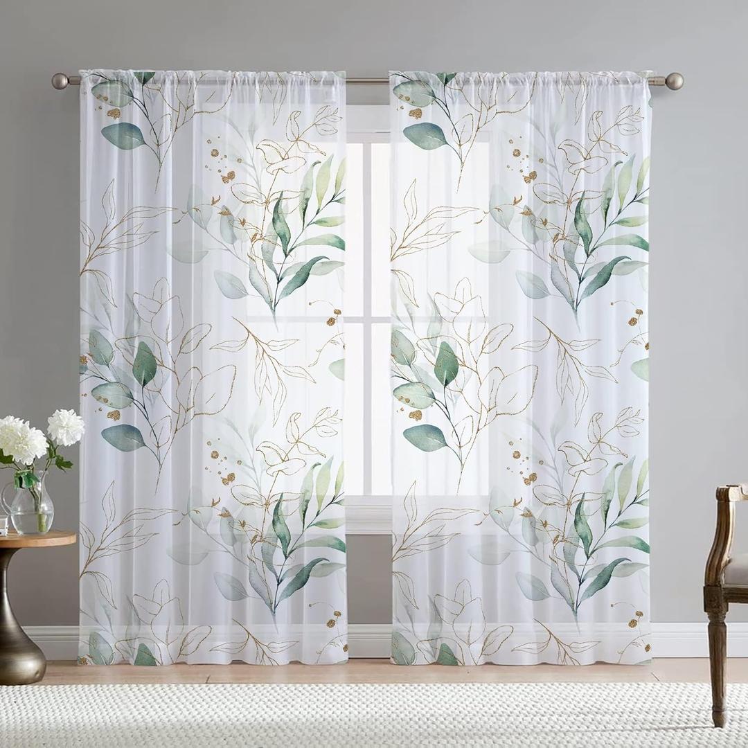 Green Eucalyptus Leaves Curtains for Living Room 96 inch Length 2 Panels Set Elegant Golden Leaf Plant Spring Printed Window Curtain Sheer Chiffon Drapes for Bedroom Living Room