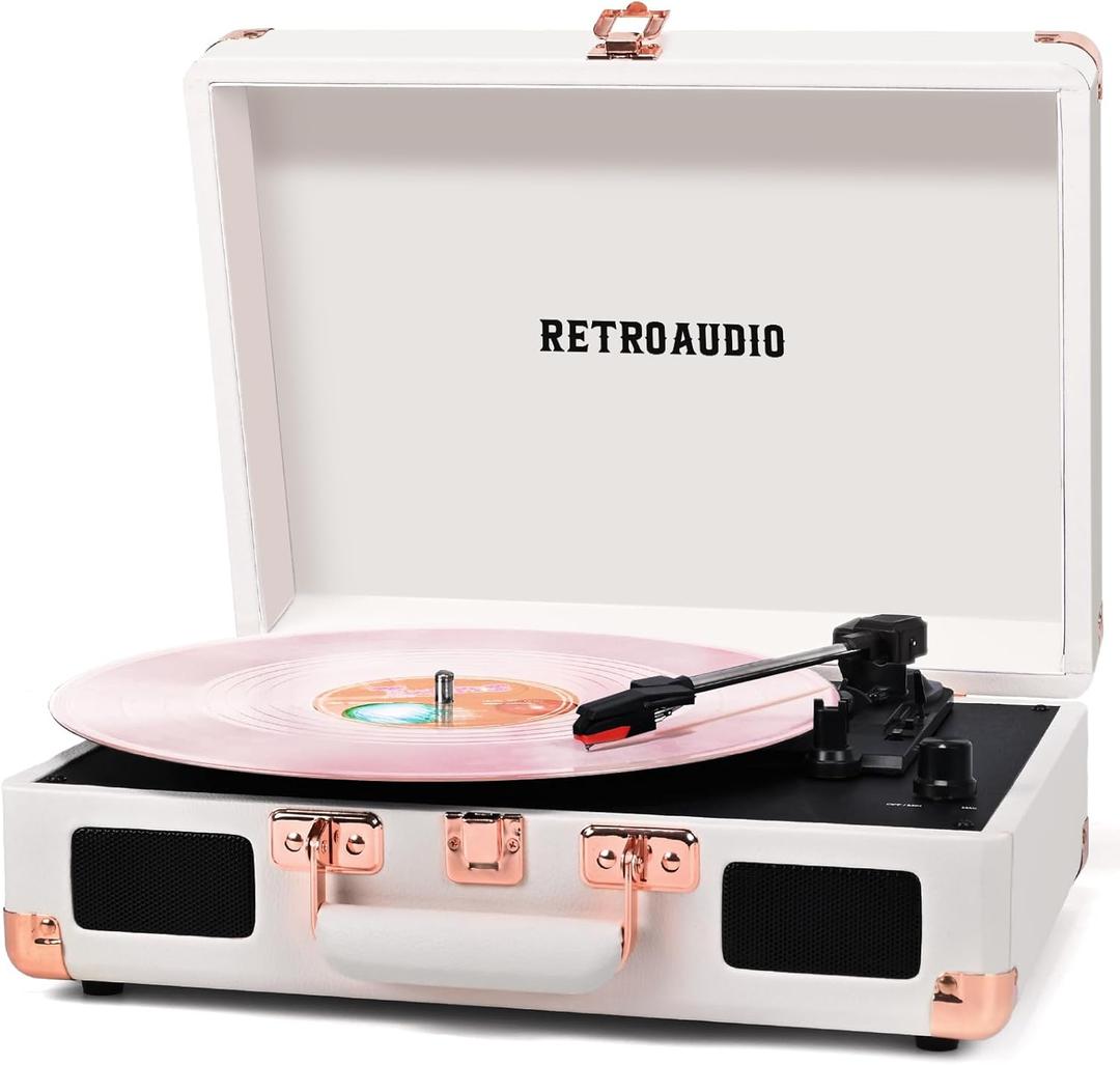 Vinyl Record Player with Built-in Speakers 3-Speed Vintage Record Player Bluetooth Portable Suitcase Turntable Belt-Driven LP Player Support RCA Output and Headphone Output (White Rose Gold)