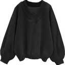 Hilinker Womens V Neck Oversized Sweatshirts Long Sleeve Pullover (Black, L)