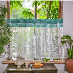 ARTMAGIC Farmhouse Kitchen Curtain 2 Panels Green Plaid with Floral Embroidery Lace Coffee Curtains Rod Pocket for Small Window Living Room Bedroom Bathroom(Green,2pcs,27"x36")