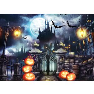 LYCGS 7X5ft Halloween Backdrop Full Moon Night Castle Bat Pumpkin Lantern Photography Backdrop Halloween Themed Party Background X-152