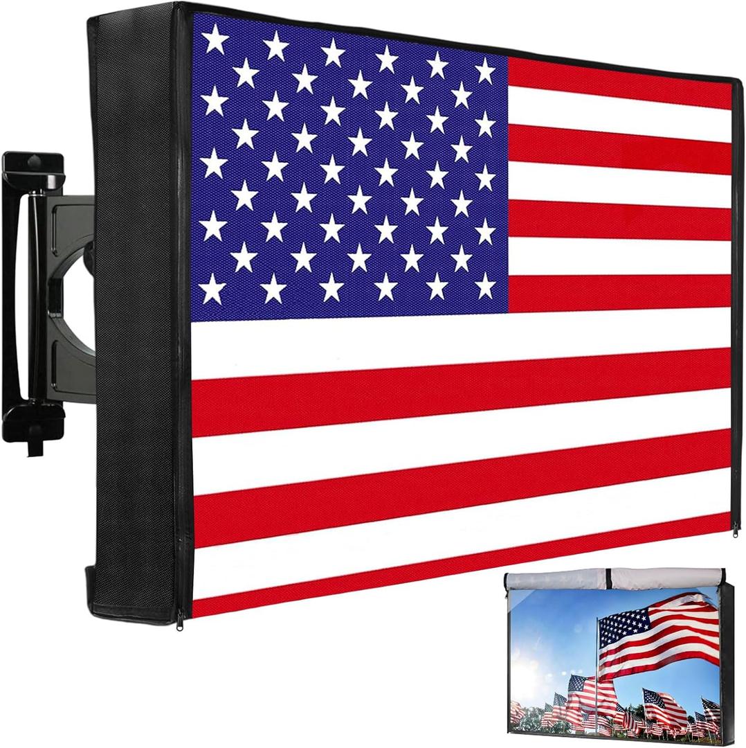 HOMEYA Outdoor TV Cover American Flag 60-65 Inch, 600D Heavy Duty Weatherproof TV Screen Protector, Waterproof Zipper Front Flap & Bottom, Outside Television Enclosure for LED LCD Flat Screen TV