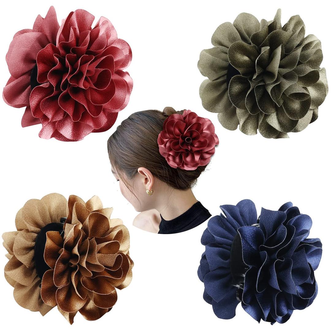Cinaci 4 Pack Black Plastic Hair Claws Clips with Big Large Satin Rose Flower Bow Barrettes Clamps Bun Chignon Updo Holders Hair Accessories for Women Girls (Dark Rose Pink, Army Green, Brown and Navy)