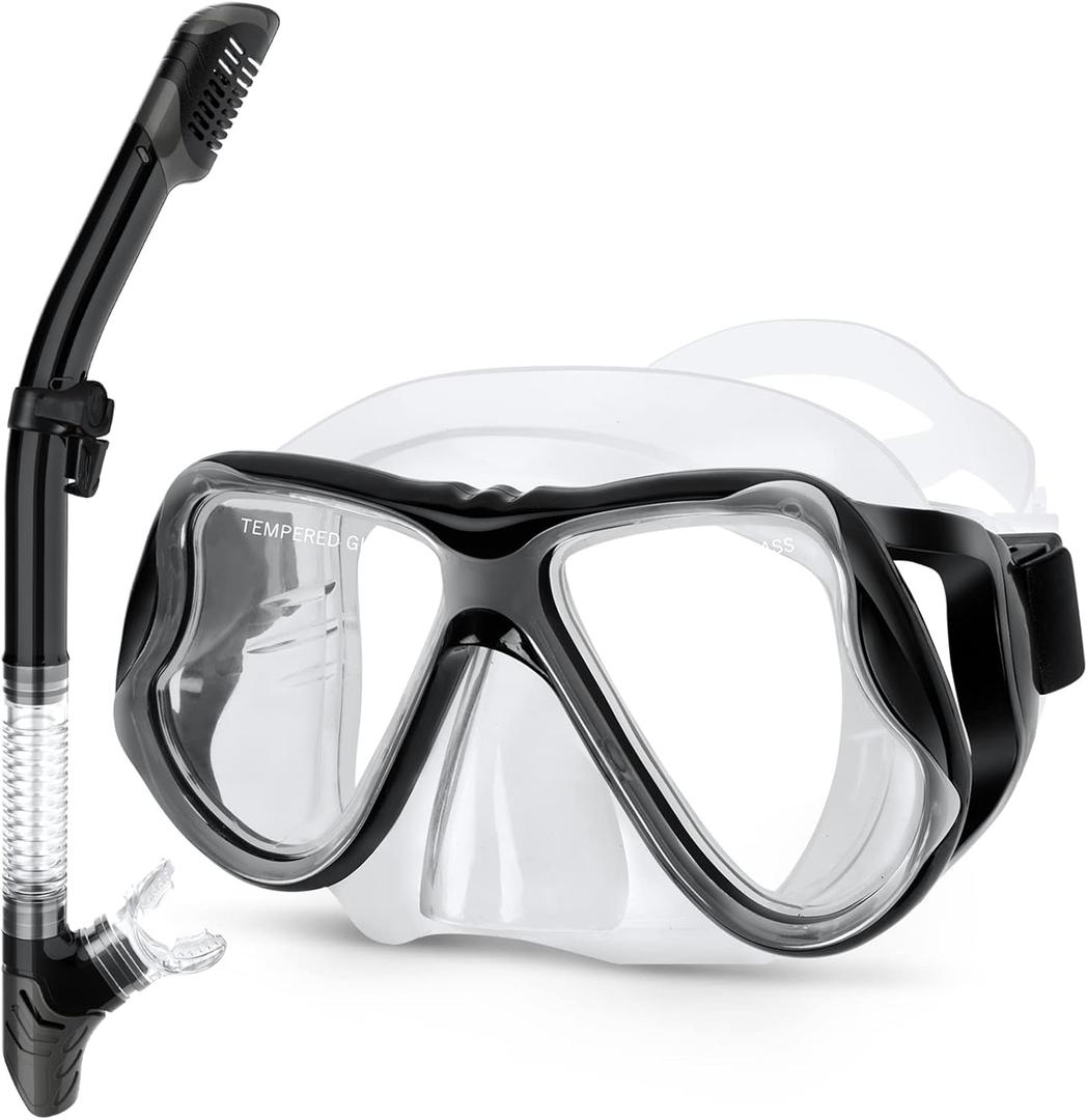 Greatever Dry Snorkel Set,Panoramic Wide View Anti-Fog Scuba Diving Mask,Professional Snorkeling Gear for Adults Kids (Large, White Black)