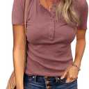 BTFBM Womens Tops 2026 Spring Summer Top Henley V Neck Short Sleeve Button Slim Fit Casual Ribbed Shirts Blouses Outfits L