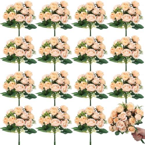 Zeyune 16 Bunches 12 Inch Artificial Mini Rose Bouquet 160 Heads Bridal Flower Bouquets Fake Silk Rose Bulk for Valentine's Day Wedding Bridal Shower Home Office Garden(Champagne)