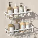 White Shower Caddy Organizer, 2 Pack Adhesive Shampoo Holder Basket Shelves for Storage and Organization, Wall Suction Bath Bathtub Rack Set for RV Camper, Bathroom Restroom Decor and Accessories